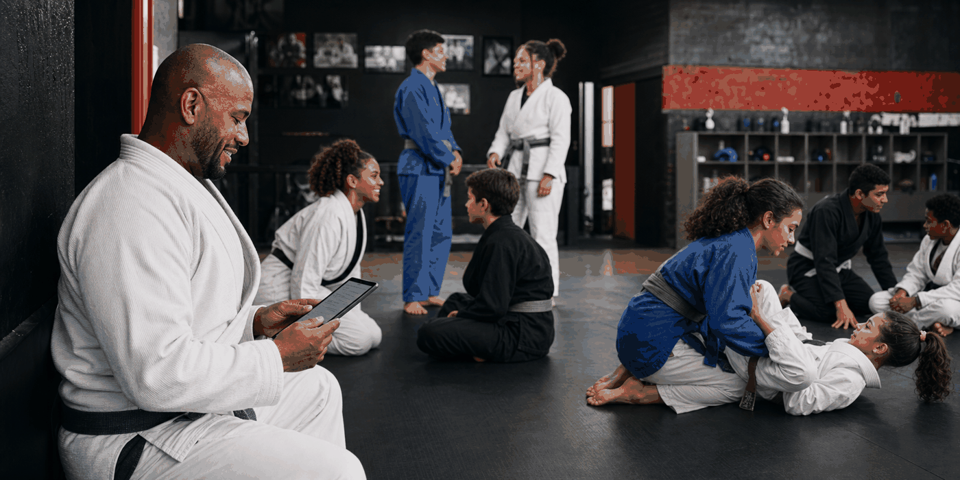 Grupo diverso em uma academia de jiu-jítsu enquanto o professor organiza informações dos alunos em um tablet